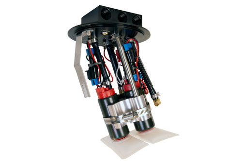 Aeromotive dual 340lph in tank fuel pump assembly for Mustang S197/S550, angled view showing wiring, fittings, and mounting flange