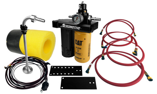 Aeromotive fuel pump kit for 08-10 6.4L Powerstroke, shown with CAT filter, mounting brackets, red hoses, and wiring.