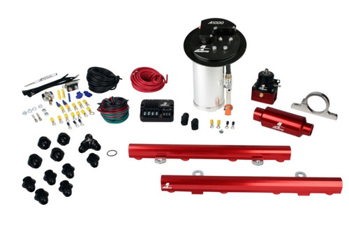 Aeromotive Stealth A1000 fuel pump kit with red fuel rails, filter, fittings and wiring, top view