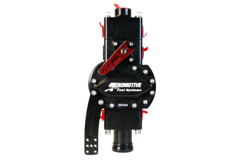 Aeromotive 16.5gpm system pump, front view showing red shutoff valve, 08AN blocks and fittings