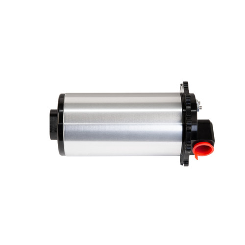 Aeromotive TVS Brushless Eliminator fuel pump module, side view, 90-deg outlet with red fitting, black end caps