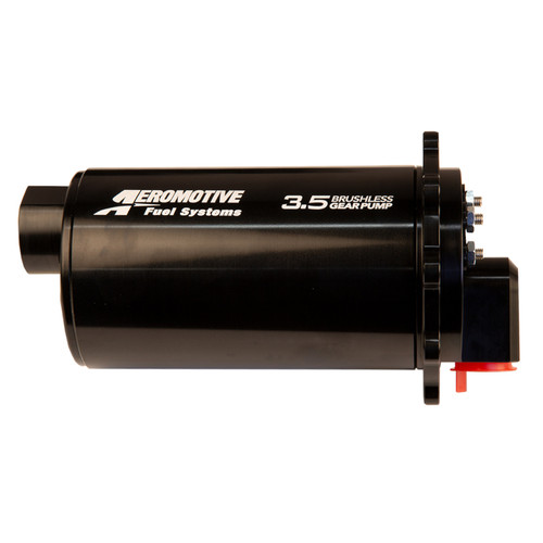 Aeromotive 3.5 Brushless Gear Pump, side view showing 90-deg outlet and wiring terminals