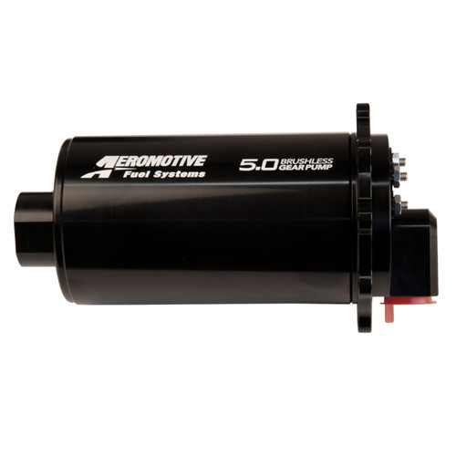 Aeromotive TVS 5.0 brushless fuel pump, side view showing 90 deg outlet fitting and inlet port