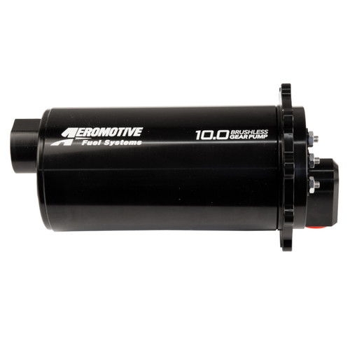 Aeromotive 10.0 Brushless Spur fuel pump, side view showing inlet fitting and 90 deg outlet flange.