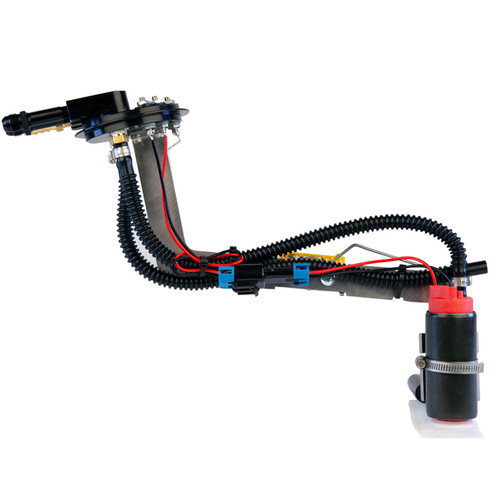 Aeromotive 82-92 Camaro 200 fuel pump and hanger, angled view showing corrugated lines, wiring, connectors, and pump