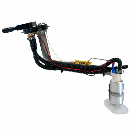 Aeromotive 93-97 Camaro 200 fuel pump and hanger, angled view showing pump, sender, wiring, hoses, mounting flange