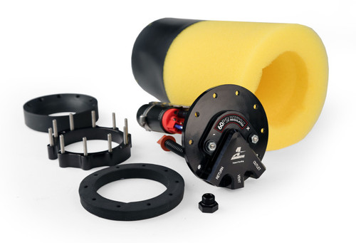 Aeromotive Phantom 200 fuel pump kit with foam sleeve, mounting straps, ring, and fittings