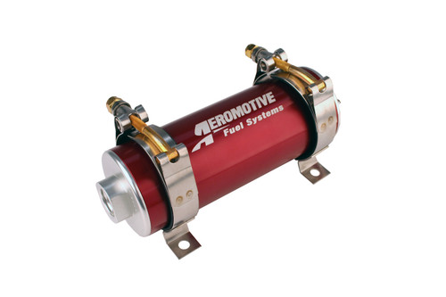 Aeromotive 700 HP EFI Fuel Pump in red, angled view showing brass fittings, inlet and mounting brackets