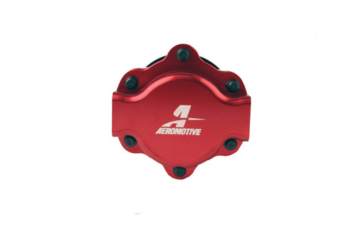 Aeromotive Billet Hex Drive Fuel Pump, red anodized housing, front view showing six black bolts and logo
