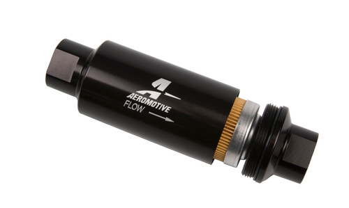 Aeromotive Marine AN-10 10 Micron fuel filter, angled view showing black anodized body, AN fittings on both ends, flow arrow label