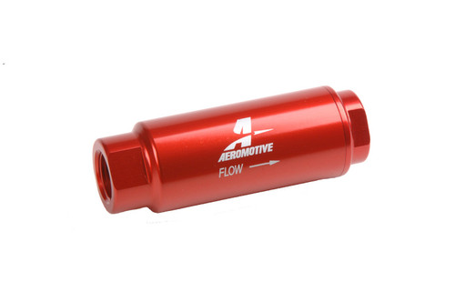 Aeromotive in-line fuel filter, red anodized body, 3/8 NPT ports, flow arrow label, angled view