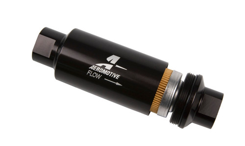 Aeromotive AN-10 in-line fuel filter, black anodized body, 10 micron, angled view showing both AN fittings