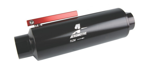 Aeromotive AN-12 in-line fuel filter, black anodized body, red shutoff valve lever, angled side view