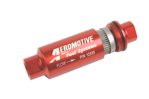 Aeromotive AN-10 in-line fuel filter, red anodized body, angled view showing flow arrow and AN fitting