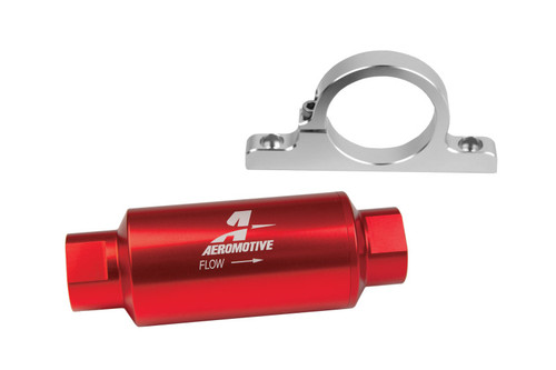 Aeromotive red inline fuel filter with flow arrow and silver billet clamp bracket, side view