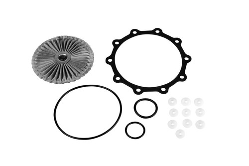 Aeromotive replacement filter element kit with pleated filter, gaskets, O-rings and seals laid out