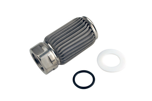 Aeromotive AN-10 crimp fuel filter element, 100 micron stainless mesh, with white washer and O-ring beside it