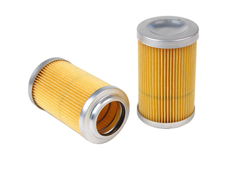 Aeromotive 10 micron disposable filter elements, two pleated paper cartridges with metal end caps, upright view