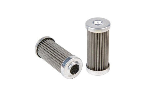 Aeromotive 100 micron SS filter element, two pleated cylinders with metal end caps, upright and angled views