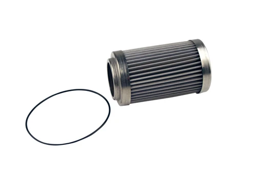 Aeromotive 100 micron replacement filter element with black O-ring, angled view showing pleated mesh cylinder