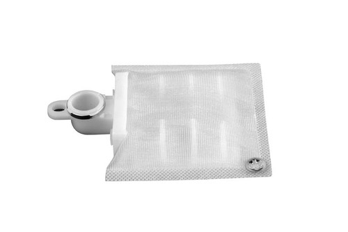 Aeromotive 340 Series fuel pump filter element, angled view showing mesh sock and white plastic inlet fitting