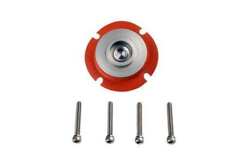 Aeromotive Regulator Repair Kit, top down view showing orange gasket, metal disc, and four screws below.