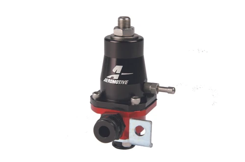 Aeromotive Billet LT1 Adjustable Fuel Pressure Regulator, black and red housing, side view showing adjuster screw and fittings