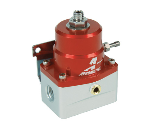 Aeromotive A1000-6 EFI regulator, red top, silver base, front angle with two -6 inlet ports and fitting