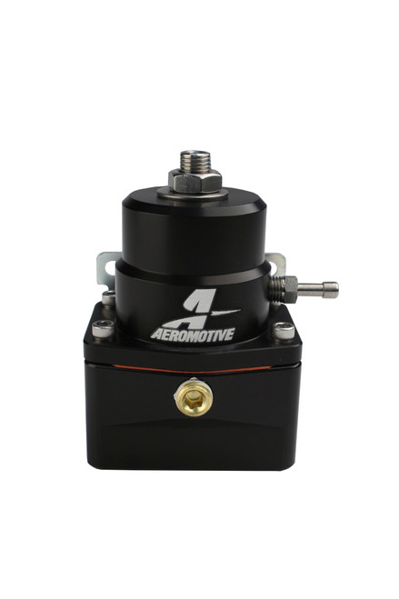 Aeromotive Marine EFI Regulator, black anodized body, front angle view showing inlet fitting, adjuster screw, gauge port and mounting bracket