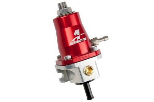 Aeromotive billet adjustable fuel pressure regulator, red anodized body, side angle showing inlet, outlet and vacuum fittings