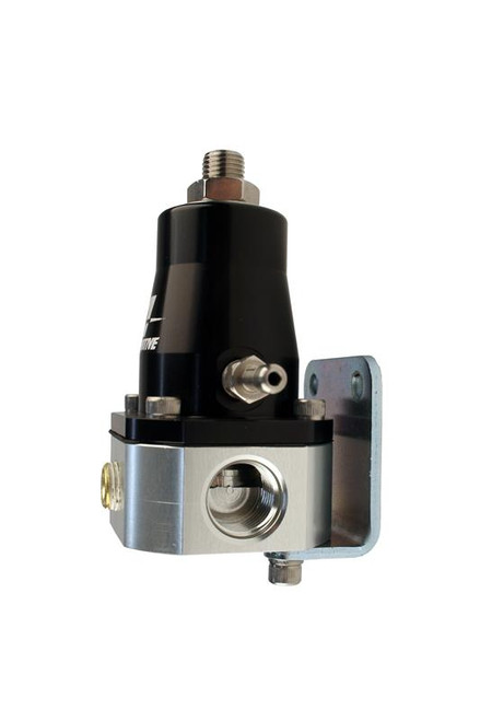 Aeromotive adjustable EFI bypass fuel pressure regulator, black body, silver base, dual inlets and mounting bracket.