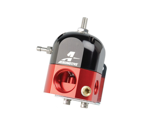 Aeromotive A1000 Carbureted Bypass Regulator, 2 Port, angled front view showing red and black anodized body, top adjuster screw, side inlet fitting