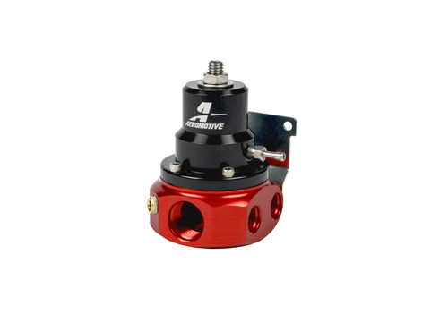 Aeromotive A1000 4-Port Carbureted Bypass Regulator, red and black body, AN-06 side ports, top adjuster knob visible