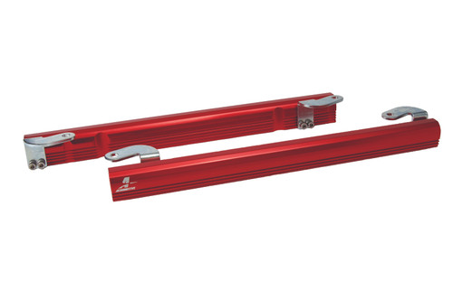 Aeromotive 05 Cadillac Northstar billet fuel rails, red anodized pair with silver mounting brackets and fittings