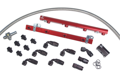 Aeromotive Ford SOHC 4.6L fuel rail kit, red billet rails, braided line, black AN fittings and O rings
