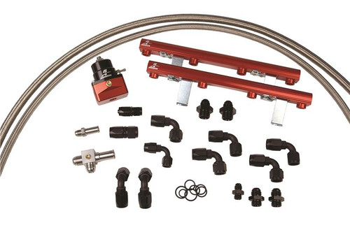 Aeromotive fuel rail kit for 96-98.5 Ford DOHC 4.6L Cobra, red rails, hoses, fittings and regulator shown
