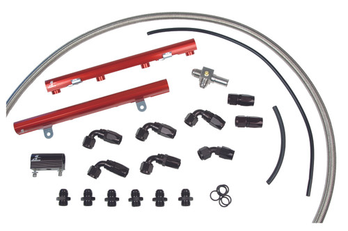 Aeromotive fuel rail kit for 05-06 Mustang GT 4.6L, red rails, hoses, AN fittings and clamps shown