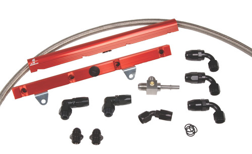 Aeromotive 99-04 C5 Corvette Rail Kit, red fuel rails, braided hose, black AN fittings, elbows and O-rings