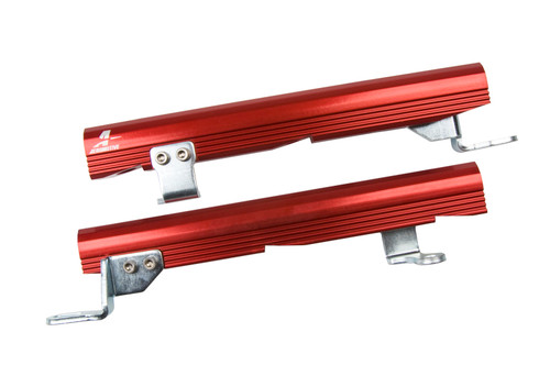 Aeromotive 96-06 GM 3.8L L67 L32 fuel rails, red anodized, pair with mounting brackets, top angle