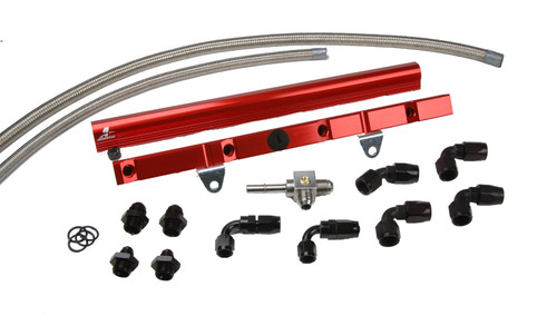 Aeromotive 98-02 GM LS1 F-Body fuel rail system with red rails, braided lines, black hose ends and fittings, and pressure regulator, top view