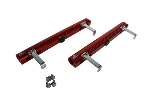 Aeromotive fuel rails for Edelbrock 29785 SBC intake, pair of red billet rails with mounting brackets and hardware