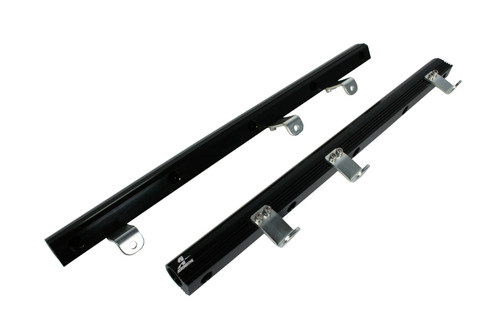 Aeromotive black anodized fuel rails for Chrysler 8.4L V10 Gen 4, pair shown with mounting brackets and injector clips visible.