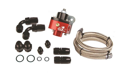 Aeromotive 13201 single carburetor fuel pressure regulator kit, red and black body, AN fittings, braided hose