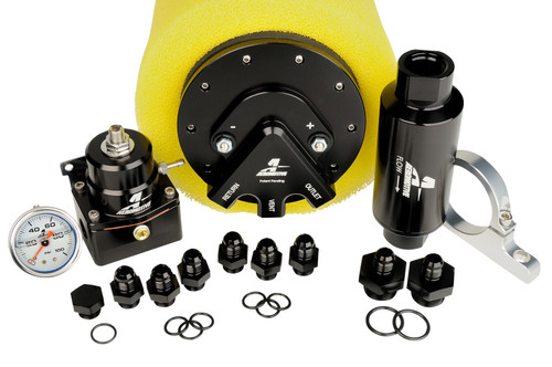 Aeromotive Phantom 200 return style fuel system kit with pump, regulator, gauge, filter, and AN fittings