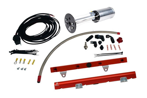 Aeromotive C6 Corvette A1000 fuel system kit with LS1 rails, fuel pump, wiring, hose and fittings laid out