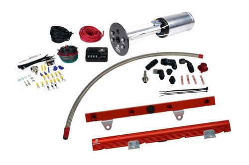 Aeromotive C6 Corvette fuel system kit with A1000 pump, red LS1 fuel rails, braided line, fittings and wiring harness
