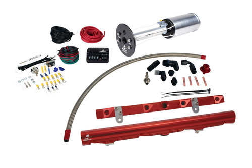 Aeromotive C6 Corvette fuel system kit with A1000 pump, red LS2 fuel rails, braided line, fittings and wiring