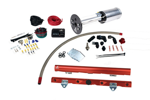 Aeromotive C6 Corvette fuel system kit, A1000 pump, red LS7 fuel rails, braided line, fittings, wiring and PSC parts laid out.