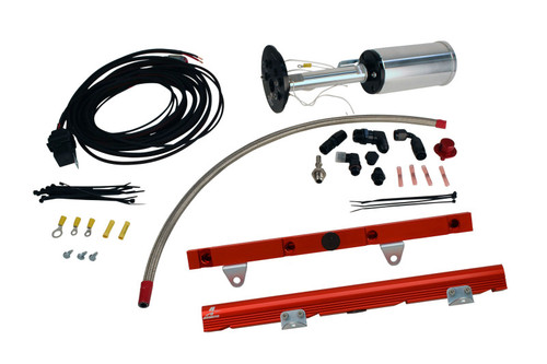 Aeromotive C6 Corvette fuel system kit, fuel pump, red LS1 rails, hose, wiring and fittings laid out