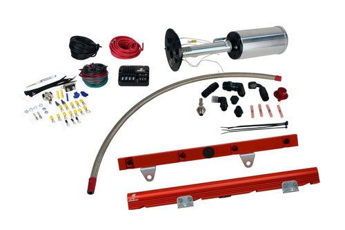 Aeromotive C6 Corvette fuel system kit, fuel pump, braided line, red LS1 rails, wiring, fittings